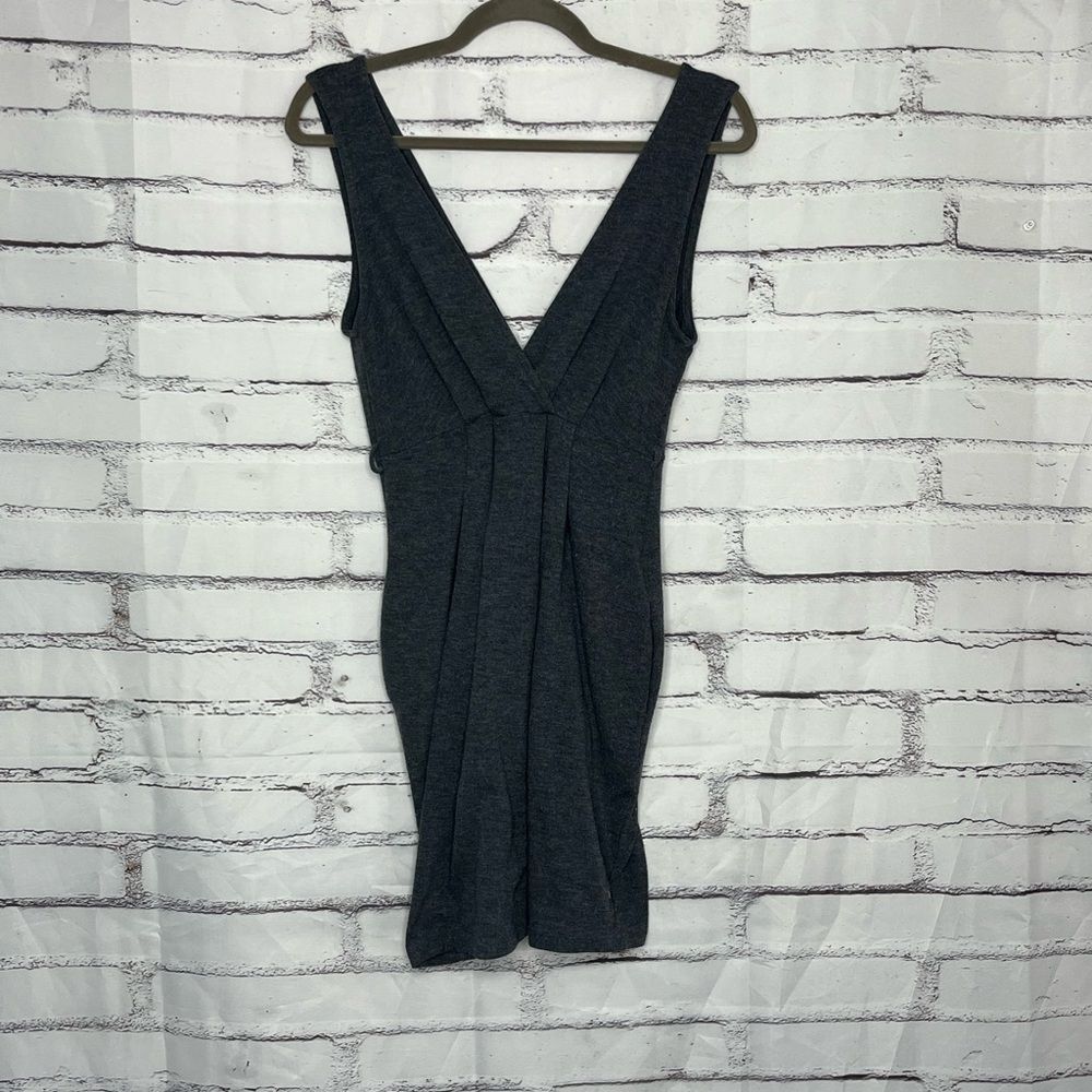 Rhapsody Charcoal Heather Deep V-Neck Pleated Knit Sleeveless Mini Dress Women S